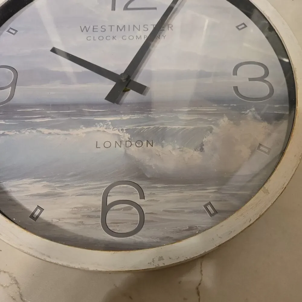 Westminster 12 Inch Wall Clock Quartz Sea Scape Large Numbers Blue Wood Tested